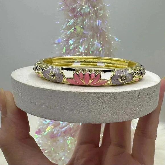 Purple & Pink Flower Enamel Cloisonne Bracelet Bangle - Picture 5 of 8